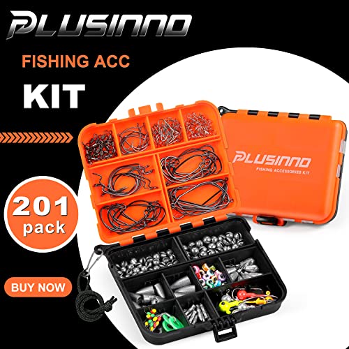 PLUSINNO 201pcs Fishing Tackle Kit with Box – Includes Hooks, Weights, Swimbait/Spinner Blades for Bass Trout Bluegill Crappie