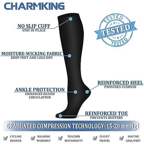 CHARMKING Compression Socks for Women & Men - Small-Medium, 4 Pairs, Black