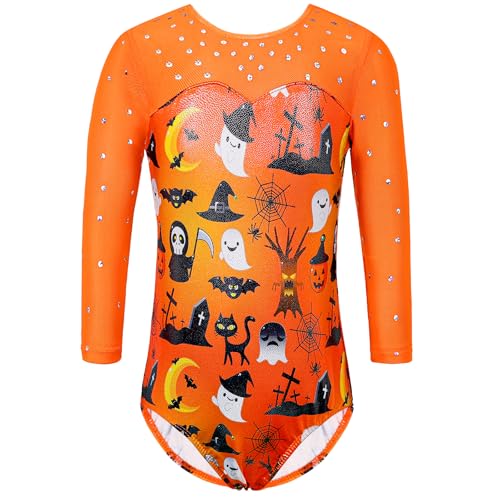 TFJH E Girls Gymnastics Leotard with Sequin Mesh, 3/4 Sleeves, Age 3-12Y, Orange Halloween 3-4T