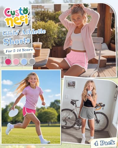 4 Pack Girls' Athletic School Shorts - 9-10 Years, Rose Red, Pink, Blue, Light Heather Gray