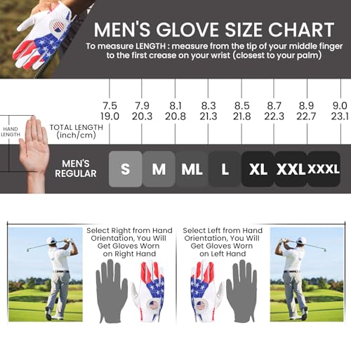Golf Gloves for Men - Right Handed with Ball Marker - Large White & USA Flag