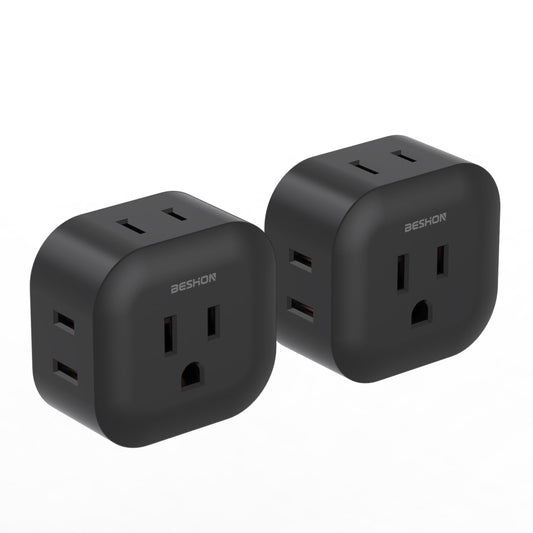 Black Multi Plug Outlet Extender 2 Pack, Wall Outlet Splitter with 5 Wall Outlets, Small Multiple Plug Extender, Cruise Essentials, Plug Adapter No Surge Protector for Cruise Ship Home Office Dorm