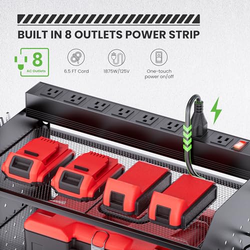 TRZZ Power Tool Organizer Wall Mount, 3-Layer Charging Station with 8 Outlets, 6 Drill Holders and Drill Bit Rack, Efficient and Organized Storage for Garage, Workbench, and Workshop (Black)