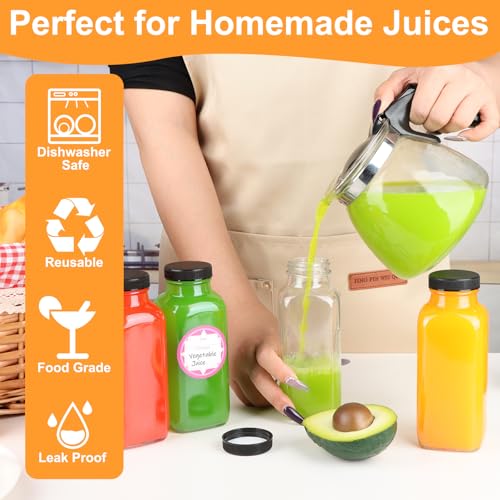 GUANENA 12 oz Square Glass Juice Bottles Set of 6 with Lids, Reusable & BPA-Free