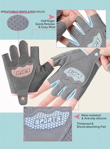 Kids Fingerless Cycling Gloves - Shock-Absorbing - Peach Pink, Ages 3-6