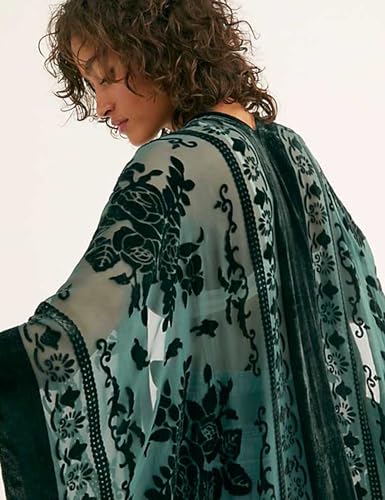 BohemyanRace Women's Burnout Velvet Kimono Cardigan Dark Green - Long Coverup with Tassels