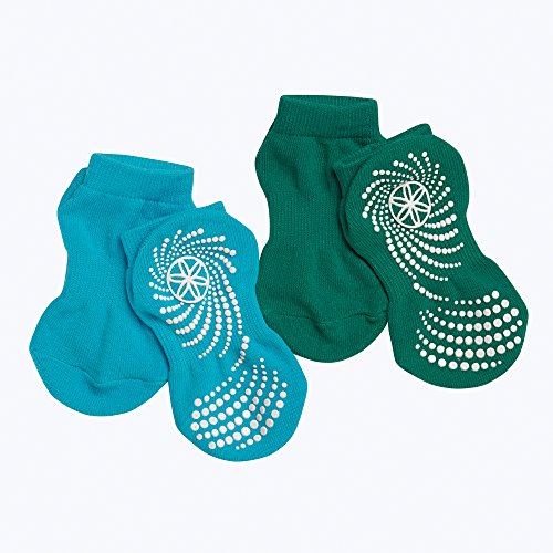 Kids Yoga Socks - Non-Slip Grip, Pack of 2 - Green/Blue