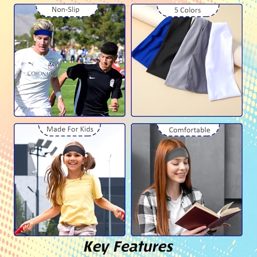 Sports Headbands for Kids - Moisture Wicking Sweatbands, 5 Pcs - Black, White, Gray & Blue