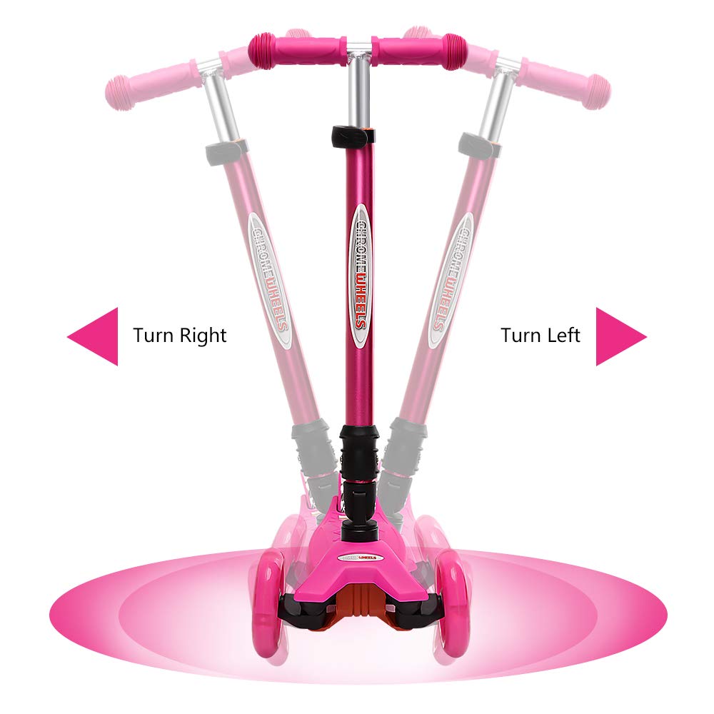 ChromeWheels Foldable Scooters for Kids, Deluxe Kick Scooter 4 Adjustable Height 132lbs Weight Limit 3 Wheel, Lean to Steer LED Light Up Wheels, Best Gifts for Girls Boys Age 3-12 Year Old, Pink