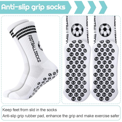 Anti-Slip Athletic Soccer Socks - 3 Pairs, Grip Pads - White, Size 5-8