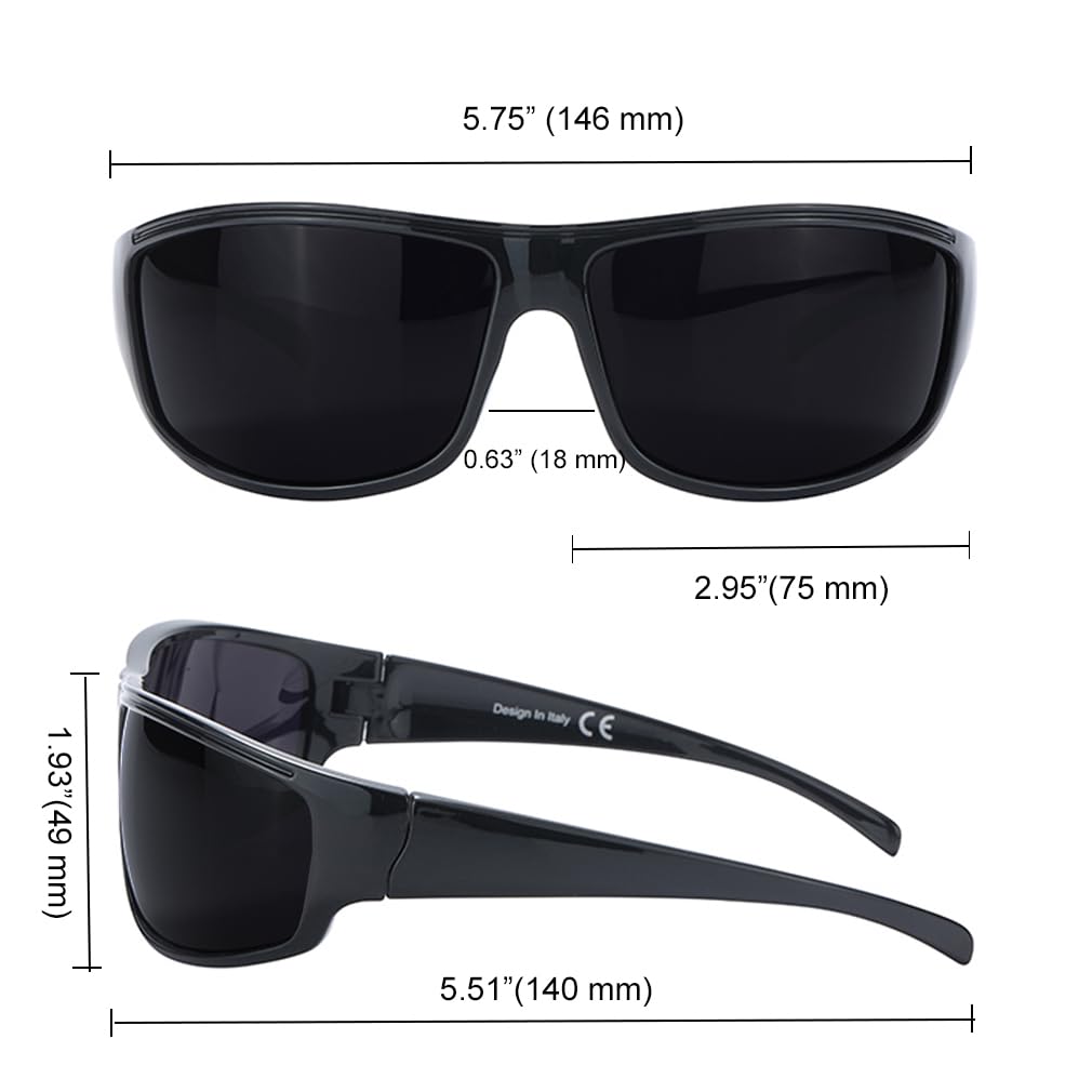 PLOPLO Super Dark Black Sunglasses Biker Rider Wrap Around Sport Sunglass UV400 Protection For Sensitive Photophobia (Glossy Black, Black)
