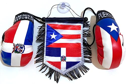 Dominican & Puerto Rico Flag Car Decoration Set with Mini Boxing Gloves