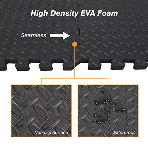 EVA Exercise Floor Mats - Interlocking Foam Tiles, 0.5 Inch Thick, 24 SQ FT - Black