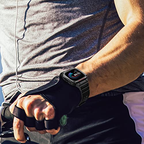 FINTIE Black Rugged Watch Band with Case Compatible with Fitbit Versa & Sense Series
