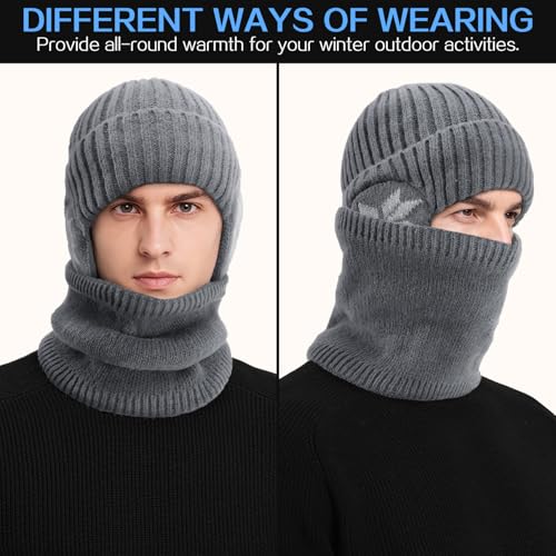 Men's Winter Beanie Hat and Scarf Set - Fleece Earflap Grey