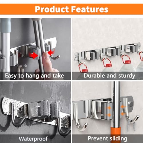 2 Pack Mop and Broom Holder Wall Mount, Non-slip Broom Hanger, Heavy Duty Mop Broom Organizer for Kitchen Garden Garage Laundry Room Wall Decor Organization and Storage Silver 3R4H