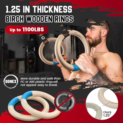 Gonex 32mm Birch Wooden Gymnastic Rings with Adjustable Straps & Carabiners – Olympic Pull Up Rings