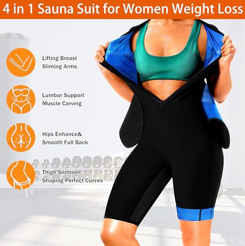 LMCOB Women Sauna Suit Belly Fat Full Body Jumpsuit Blue Lining XL for Weight Loss