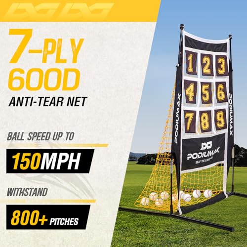 PodiuMax Yellow Baseball Pitching Net with 9 Hit Zones, 5 Height Adjustments – Solo Backyard Trainer