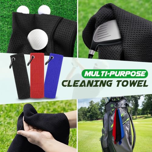 Golf Towel 3-Pack - 16x16 Microfiber Waffle Cleaning Cloth - Black/Blue/Red