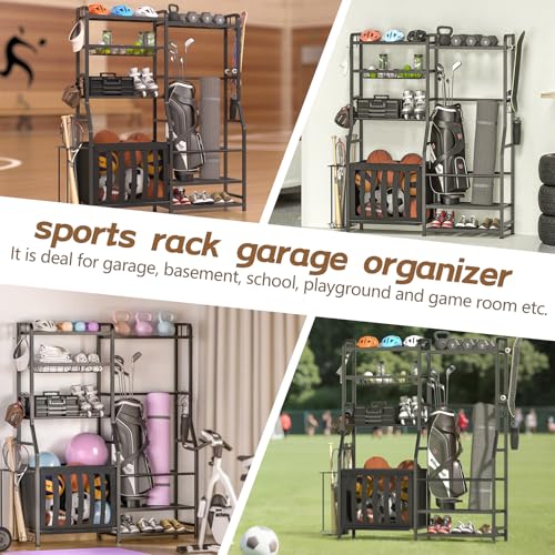 Heavy Duty Sports Equipment Organizer with Storage Bins & Hooks