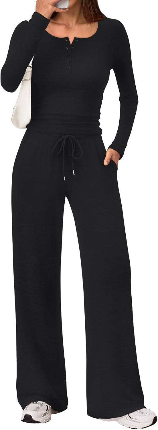 Trendy Queen Women's 2-Piece Lounge Set - Cozy Henley Neck Sweater & Wide Leg Pants | Fall Fashion Outfit