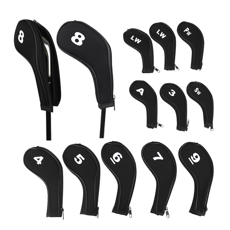 Scott Edward 12pcs Number Print Golf Club Irons Covers Neoprene Zippered Golf Wedge Covers with Long Neck Protective Mesh Golf Head Covers for Men Women Fit Most Standard Irons (Pure Black)