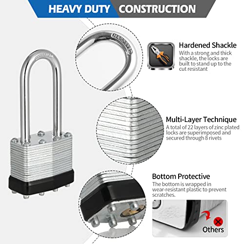 Keyed Alike Padlocks, Laminated Heavy Duty Padlocks Keyed Alike Set of 6, Key Lock with 1-9/16"(40mm) Wide Body 2-inch Long Shackle for Storage Unit, Sheds, Garages and Fence