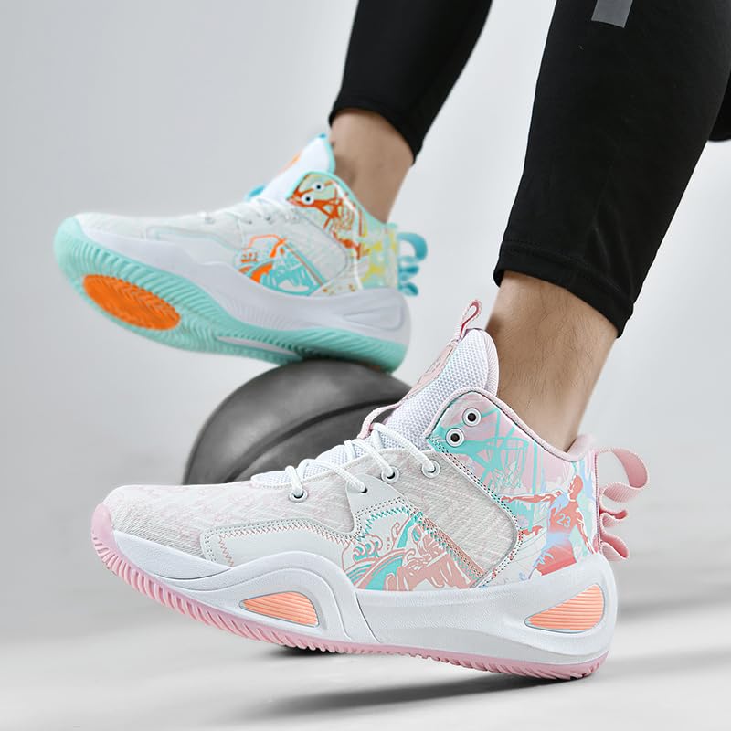 KIUSMETY 9 Women / 8 Men Green Pink High Top Basketball Shoes – Breathable Non Slip Outdoor Sneakers