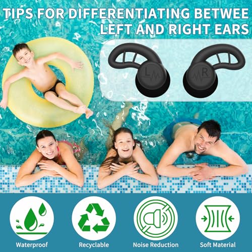 Reusable Silicone Waterproof Swim Ear Plugs - 4 Pairs (Black, Gray, Blue, Green)