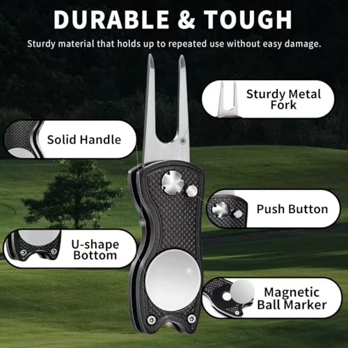 Foldable Golf Divot Repair Tool with Magnetic Ball Marker - Black