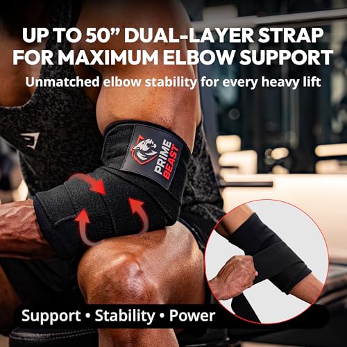 Hybrid Elbow Wraps for Weightlifting - Compression Sleeve & Adjustable Support - Black, Large