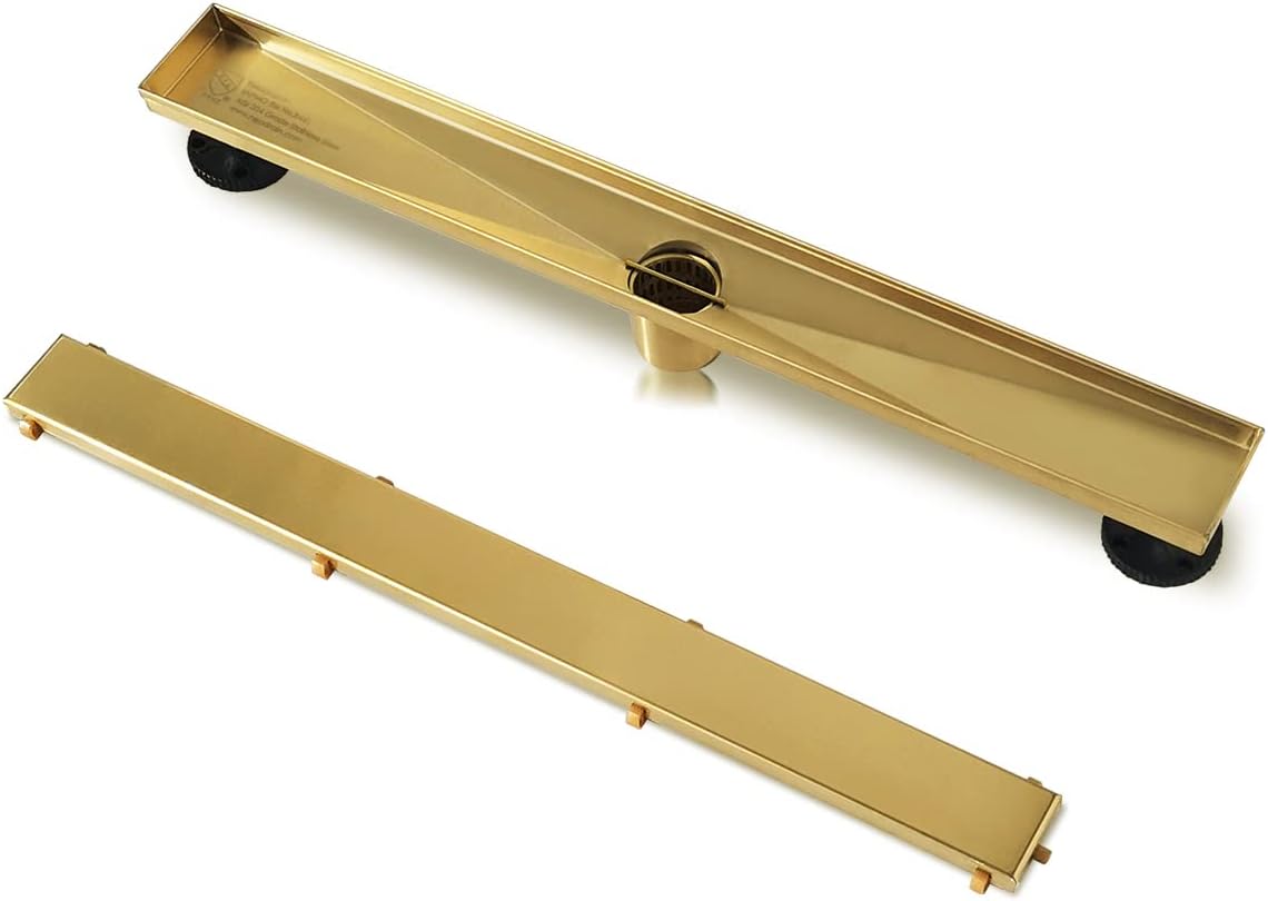 Neodrain 18-Inch Gold Linear Shower Drain - Brushed Brass, Tile Insert Cover & Hair Strainer