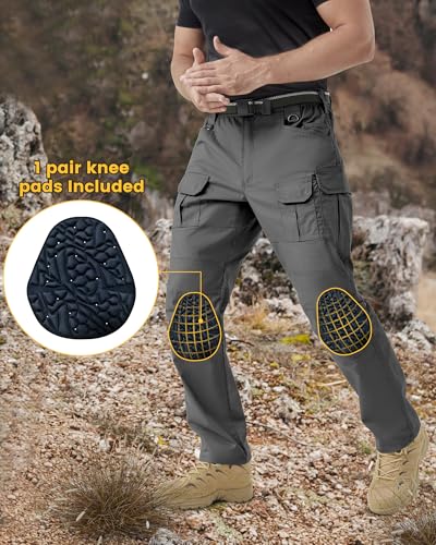 PandaVoy Men's Stretch Tactical Work Pants with Removable Knee Pads, Water-Resistant Ripstop Cargo Pants 34W x 32L Grey