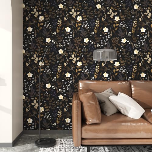 Gold Leaf Peel and Stick Wallpaper Boho Leaf Contact Paper Dark Floral Removable Self Adhesive Waterproof Wall Paper for Cabinet Drawers Wall Decor Renter Friendly 17.5''x118.1''