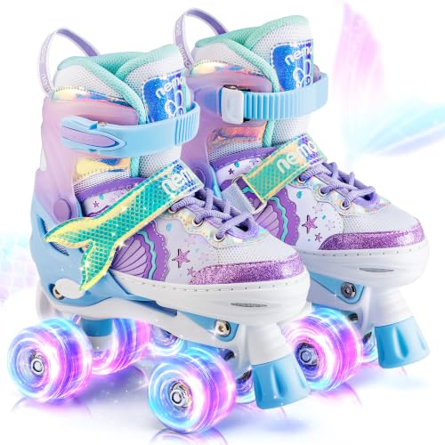 Light Up Adjustable Roller Skates for Girls - Mermaid Design - Blue Purple - Small