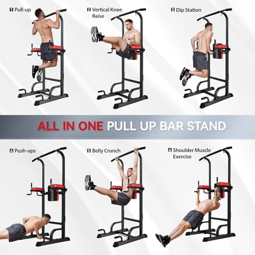 Power Tower Dip Station - Adjustable Height, 450LB Capacity - Black Red-03