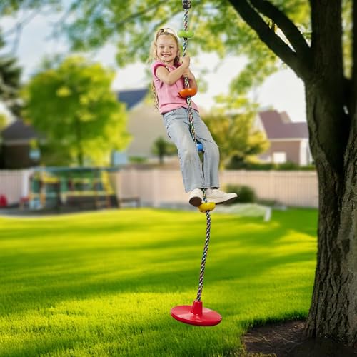 Tree Swing for Kids - Single Disc Seat & Rainbow Climbing Rope Set - Red & Multicolored