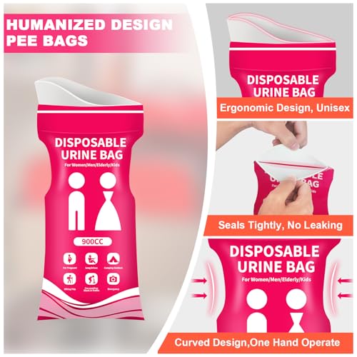 Pink Disposable Urine Bags 12/24 Pack - Portable Unisex Travel & Emergency Pee Bags