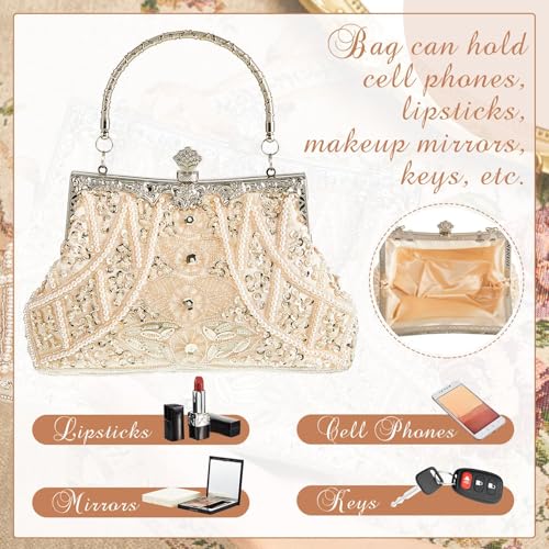 Amylove 1920s Beaded Clutch Evening Bag for Women - Beige Gold Wedding Party Purse