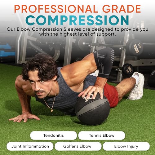 Elbow Compression Sleeve for Tennis & Golfers Elbow Pain - 2 Pack - Black Large