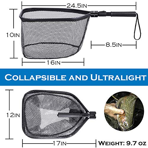 PLUSINNO 17" x 12" Fly Fishing Net with 24.5" Extend, Folding Landing Net for Fresh Water