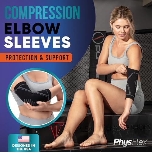 Elbow Compression Sleeve for Tennis & Golfers Elbow Pain - 2 Pack - Black Large