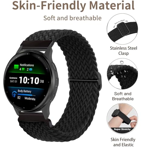 Braided Stretchy Nylon Watch Bands - 2 Pack for Garmin Venu 41mm, Vivoactive 4s, Black