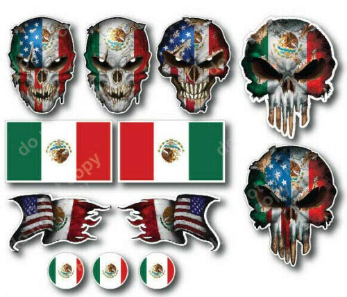 12 Pack Mexican Skull & Flag Decals - Small Mexican Pack