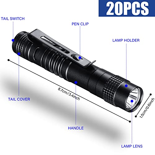 Hortsun 20 Pcs Mini Pen Light Flashlights Gifts for Fathers Day Pocket Flashlights Pen with Clip Small LED Handheld Slim Torches Without Battery(3.54 Inch,Black)