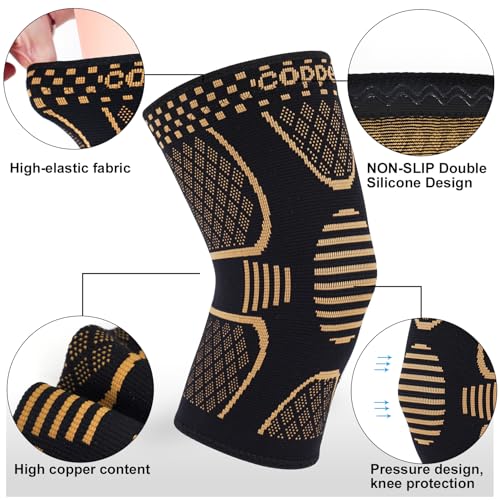 Copper Knee Brace Compression Sleeve Support - 2 Pack