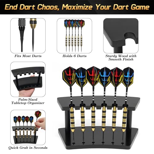 Wooden Dart Holder Stand for Desk or Shelf - Holds 6 Steel & Soft Tip Darts