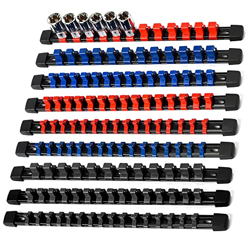 Socket Organizer Drive ABS Tools-Socket Holder, Premium Quality 9 Pieces Holders Kit 1/4-Inch x 48 Clips, 3/8-Inch x 45 Clips, 1/2-Inch x 36 Clips