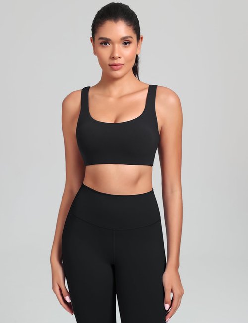 HeyNuts Womens U Back Sports Bra, Scoop Neck Low Impact Wirefree Workout Athletic Basic Gym Yoga Tops Padded with Built in Bras Black M